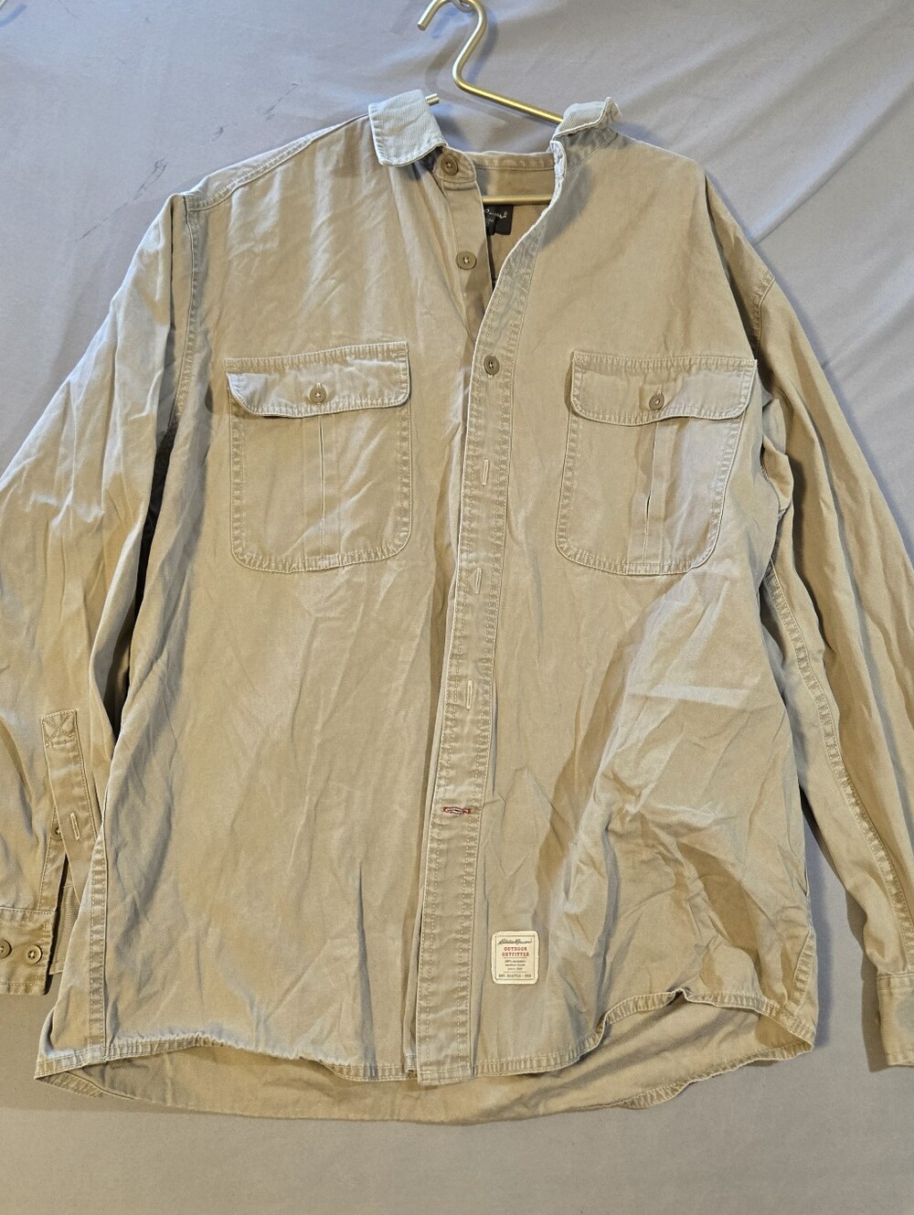 Eddie Bauer Outdoor Outfitter Khaki Utility Cargo Button Up Shirt L 100% Cotton